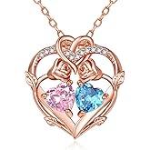 JIYVY32 Rose Gold Necklaces for Women Double Birthstone Rose Flower Heart Pendant Necklace Jewelry Anniversary Christmas Valentine's Mother's Day Birthday Gift for Wife Mom Her Girlfriend Sister