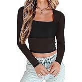 Avidlove Women's Mesh Top Long Sleeve Square Neck Sheer Blouse See Through Party Club Tops with Lining