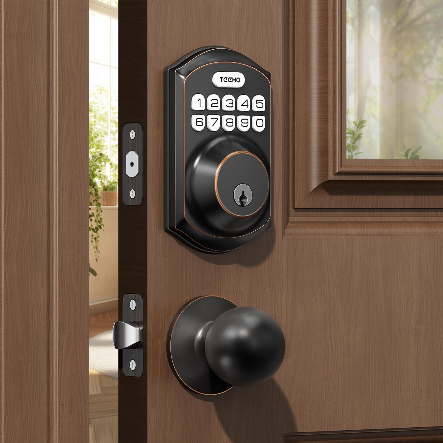Photo 1 of TEEHO TE001K Keyless Entry Door Lock with Handle, Electronic Keypad Deadbolt with 2 Knobs, High-Security Front Door Handle Set for Home & Rental, Smart Auto-Locking, Easy Install, Oil-Rubbed Bronze