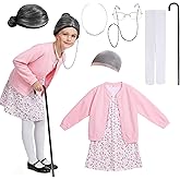 Nihaoya 9 Pcs Old Lady Costume for Kids,100 Days of School Costume for Girls, Granny Grandma Dress Up