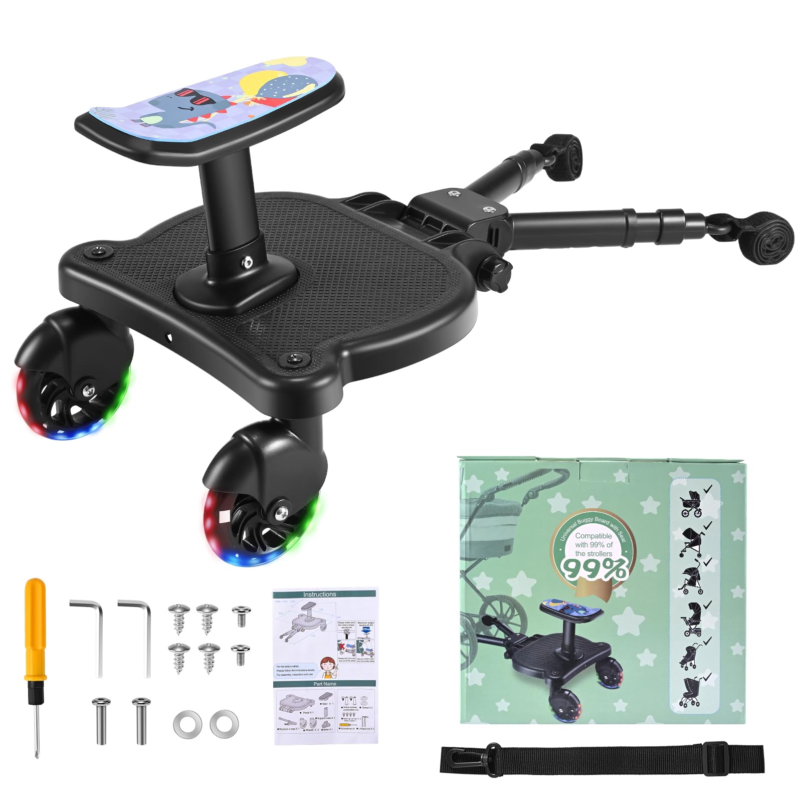 BugyKido Universal Buggy Board, Kiddy Board with LED Wheels and Seat, Pram Standing Board for Children, Pram Accessory from 2-6 Years (25 kg), for Over 99% of Baby Carriages