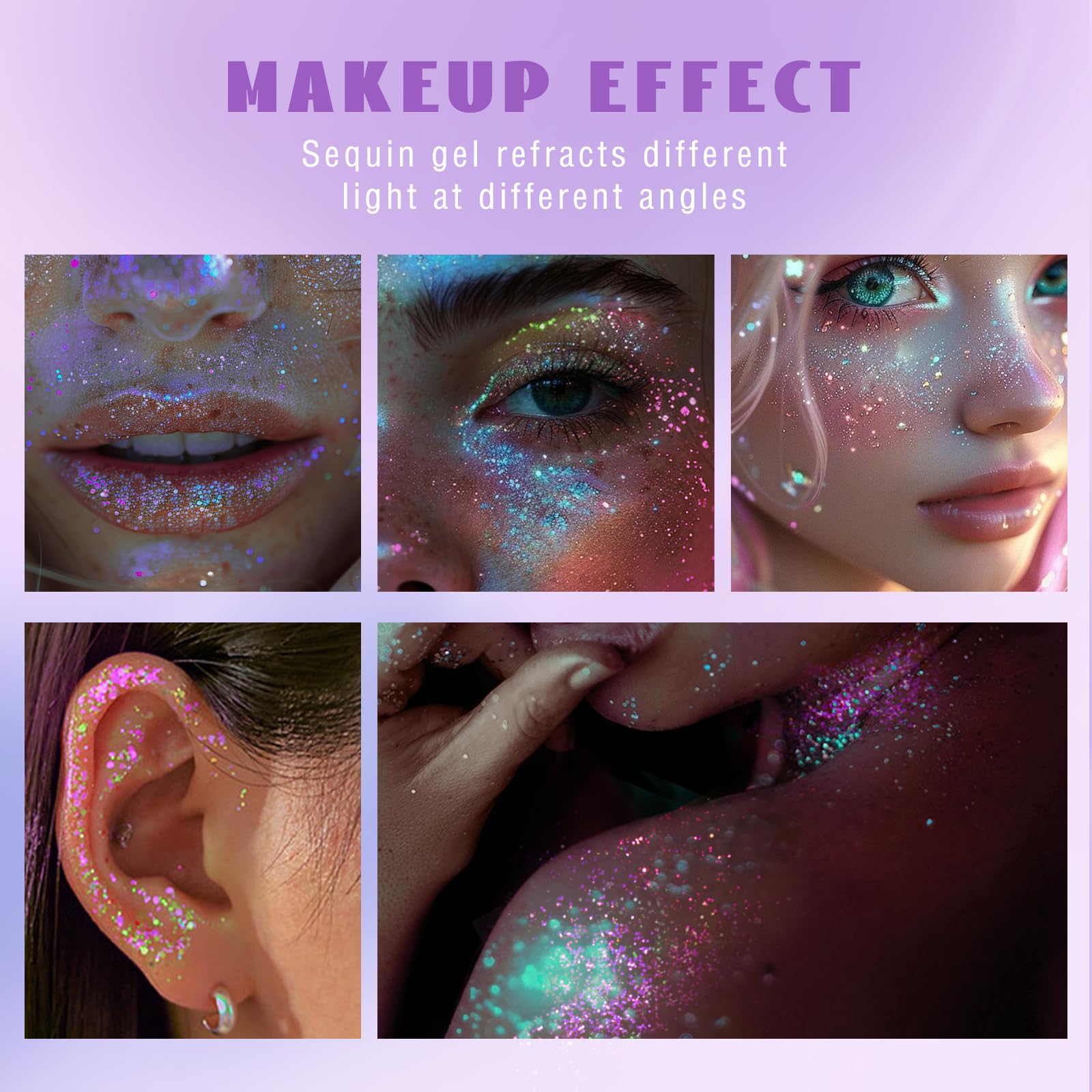 HOSAILY Roll-on Holographic Body Glitter Gel for Face Hair, Chameleon Color Changing Glitter Gel Under Light, Chunky Mermaid Sequins Festival Party Rave Accessories Shimmer Makeup (8# Sparkling Pink)