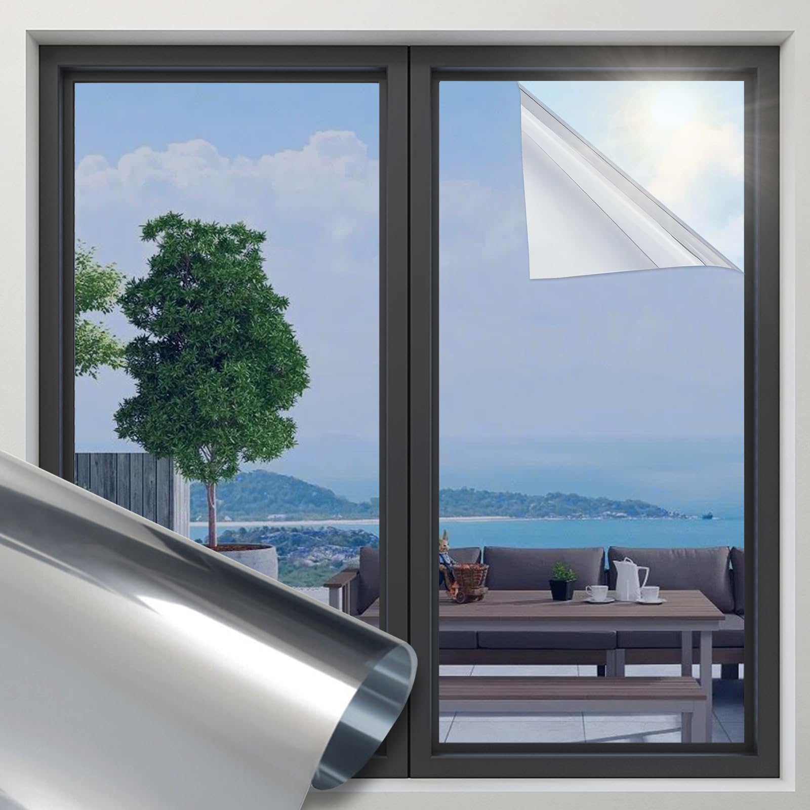 OFHome Window Film Privacy One Way Clear, UV Reflective Mirror Tint for Home and Office, Sun Blocking Anti Glare Heat Control Self-Adhesive Door Glass Windows Tinting, Silver, 90x300cm