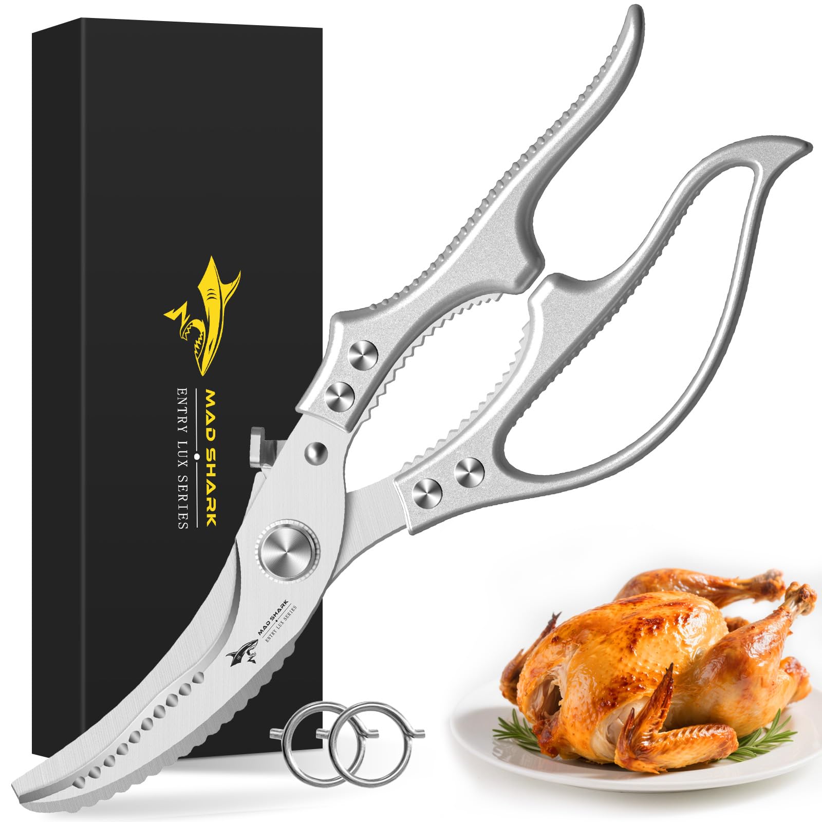 MAD SHARK Geflügelschere Profi-Küchenschere mit Rutschfestem Griff & Sicherheitsverriegelung | Federunterstützt, Spülmaschinengeeignet | Für Hühnerknochen, Fleisch, Truthahn, Fisch, Gemüse (Silber)