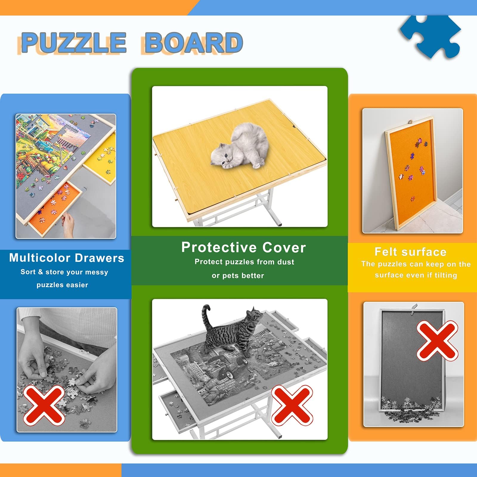 Fanwer Adjustable Puzzle Table with Drawers 1500 Piece, Angle & Height Adjustable Jigsaw Puzzle Table with Metal Legs | 35