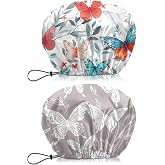 BHAHB 2 PCS Shower Cap Waterproof Double Layer Elastic Adjustable Reusable Hair Bath Caps for Girls Women Cute Aesthetic-White