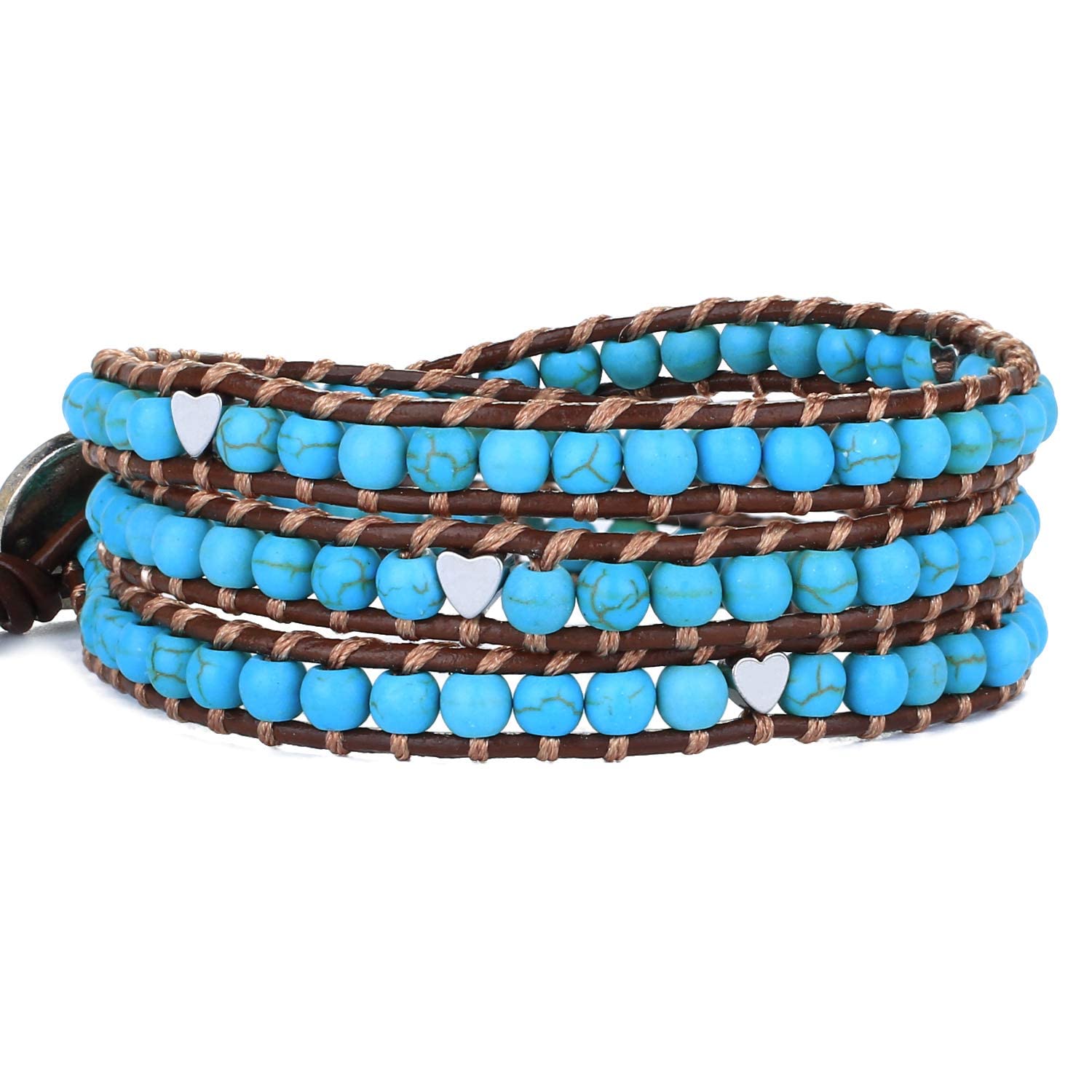 KELITCH Turquoise Beads 3 Wrap Bracelets Handmade Heart Beads Bracelets Leather Bracelets (Blue)
