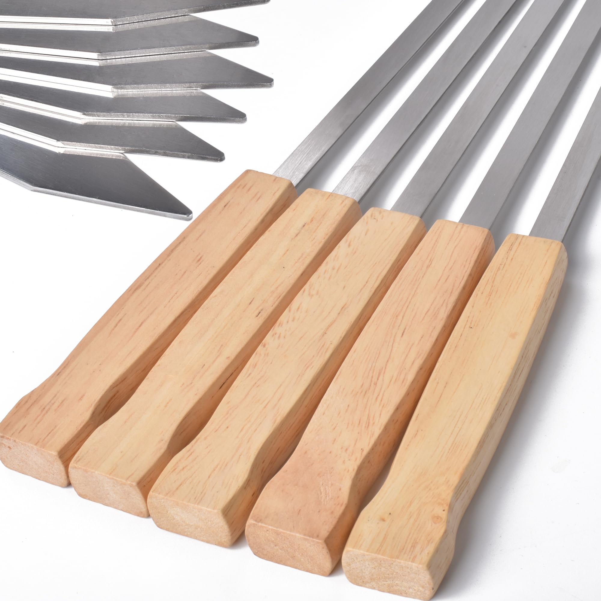 17-Inch 12 Pack Long Flat BBQ Skewers, HONSHEN Brazilian-style Stainless Steel 3/8 Inch Wide Blade with hardwood Handle barbecue skewers for Grilling Meat,Chicken,Shrimp,Vegetables-Set of 12