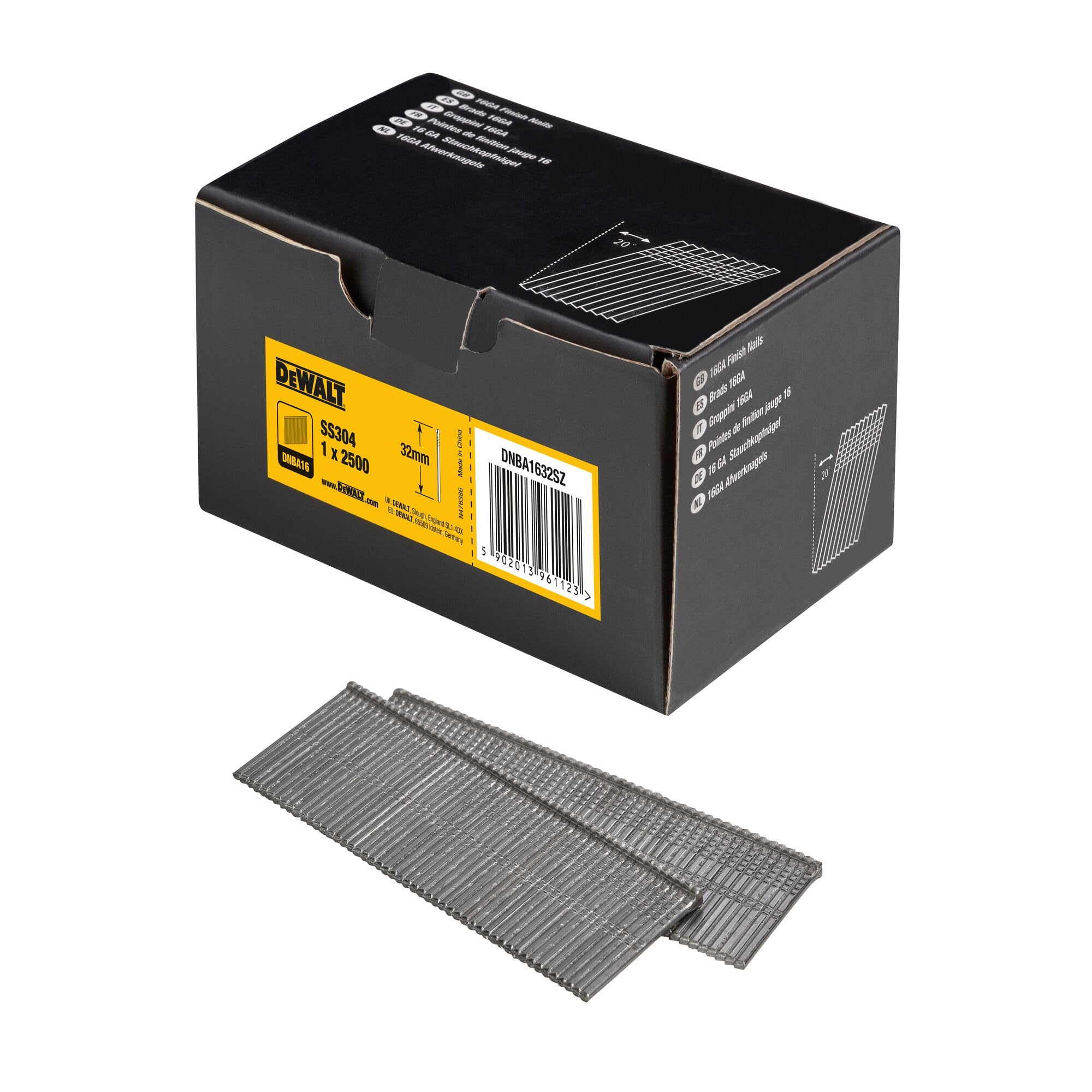 DEWALT DNBA1632SZ 16 Gauge Stainless Steel 20° Finish Nails 32mm (Pack 2500)