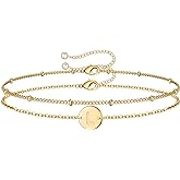 MONOZO Gold Initial Bracelets for Women Girls - Dainty 14K Gold Plated Layered Beaded Letter Initial Bracelet 26 Alphabet Disc Monogram Charm Bracelet Jewelry Gifts for Her