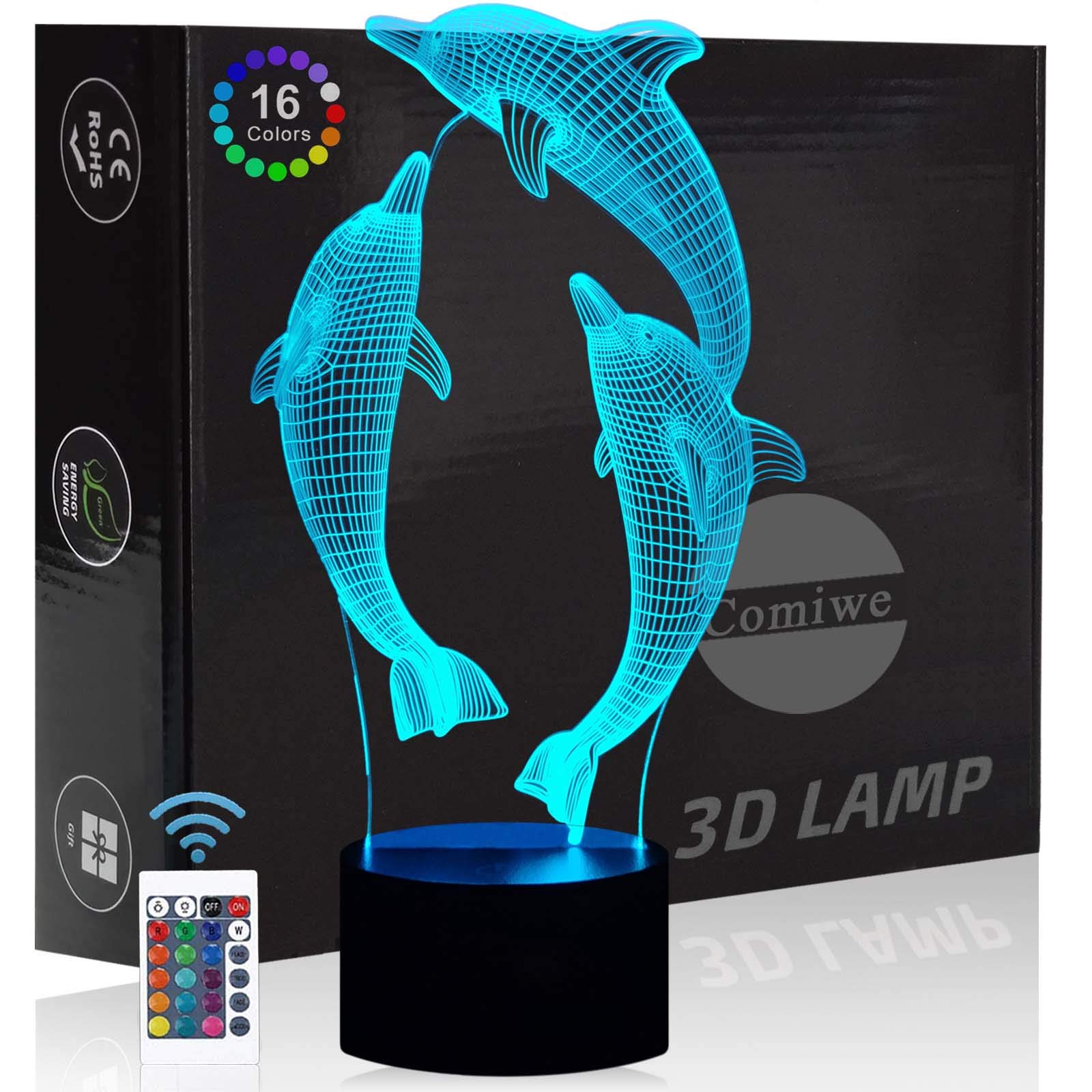 Comiwe Dolphin 3D Illusion Night Light Toys,16 Colours Change Smart Touch & Remote Control,Home Decor LED Bedside Table Desk Lamp,Christmas Birthday Gift for Girls Boys Kids Adults Friends & Family