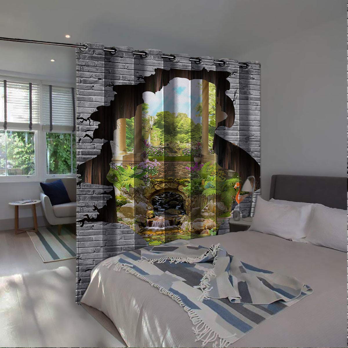 Ngjikaju DECOR Sun Curtains for Bedroom 45 Inches Long, Floral Vintage Arch with A Gazebo A Flamingo Pond and Cherry Waterfall and Blooming Garden Black-Out Retro Kitchen Curtian 55X45 Inch