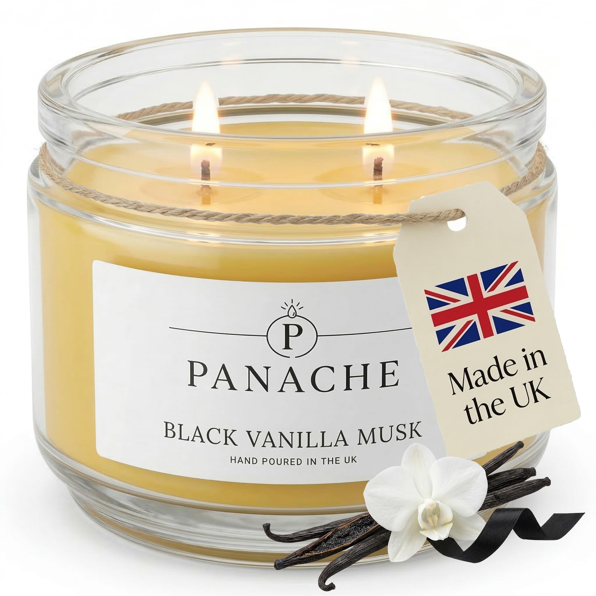 Panache Black Vanilla Musk Scented Candle – Double Wick Soy Wax Candle, 48 Hour Burn Time, Hand Poured in UK, Clean Burning Cotton Wicks, Luxury Glass Jar Candle for Home Fragrance & Gifts (320g)