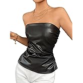 OYOANGLE Women's PU Leather Strapless Sleeveless Ruched Tube Tops Going Out Bandeau Top