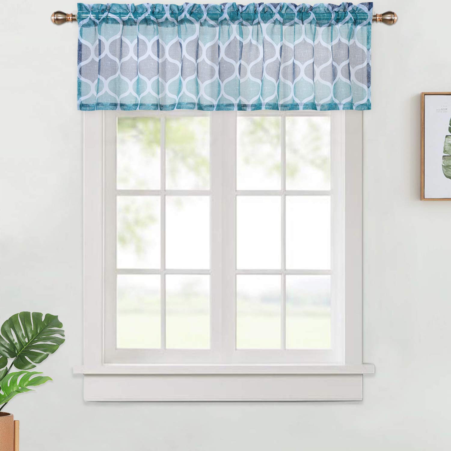 56 x 15 Teal/Navy Trellis Design Valance Curtains for Windows Rod