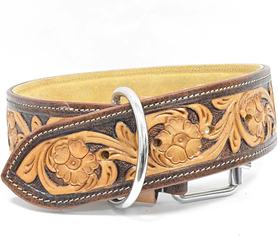 Avon Pet Products Hand Carved Tooled Natural Leather Dog Collar | 2-Inch Wide | Soft Padded Premium Quality | Brown With Tan