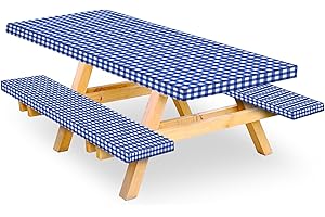 Raweao Picnic Table Cover with Bench Covers - 3 Piece Fitted Picnic Table Cover with Elastic Band and Flannel Backing, Picnic Table Cover for Outdoor, BBQ, Camping (30 X 72 Inch, Blue)