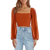 Wenrine Womens Mesh Long Sleeve Crop Tops Night Going Out Square Neck Off The Shoulder Ruched Shirt Blouses Dressy Casual