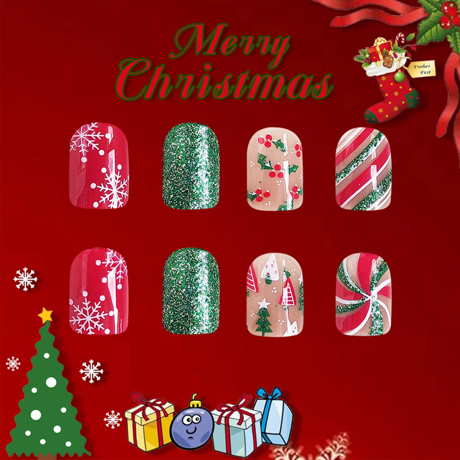 Christmas Holly Press on Nails Glossy Green Glitter Curve Line False Nails Short Square Snowflake Fake Nails Gel Glue on Nails Christmas Tree Stick on Nails for New Years Gifts 24 Pcs Merry Christmas - Image 5