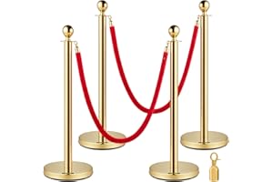 VEVOR 4Packs Gold Stainless Steel Stanchion Posts Queue, 2 Red Velvet Ropes, 38In Rope Barriers Queue Line, Crowd Control Bar