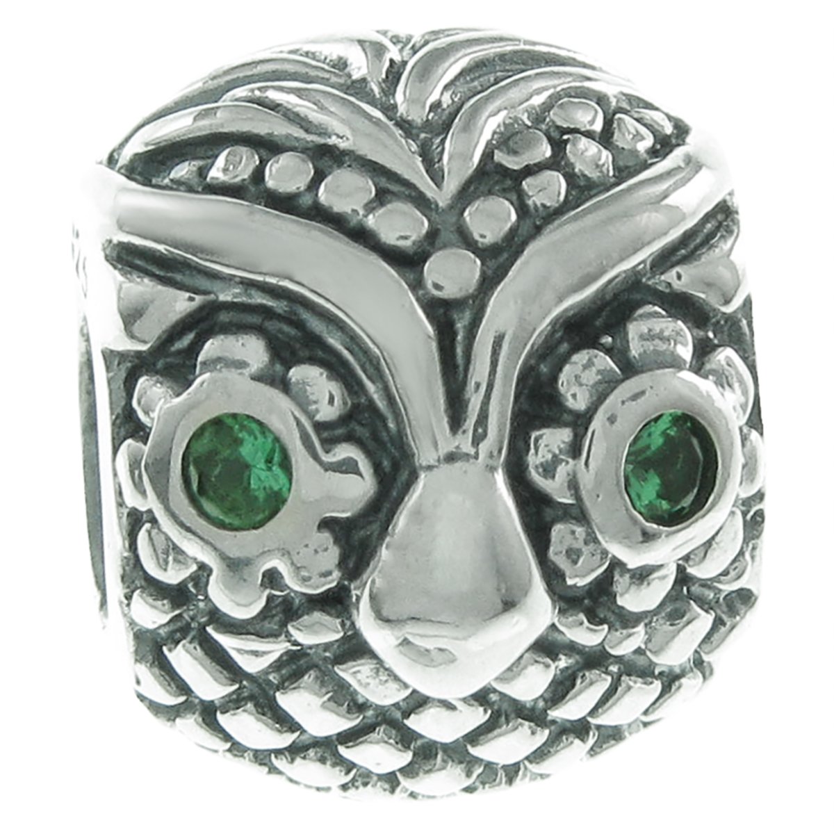 Queenberry Sterling Silver Owl Bird Green Cubic Zirconia European Style Bead Charm