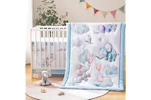 TCOYIWL 4 Piece Crib Bedding Set for Boys Girls, Infant Toddler Nursery Baby Bedding Sets Includes Cartoon Quilt, Fitted Crib Sheet, Crib Skirt and Plush Elephant Toy