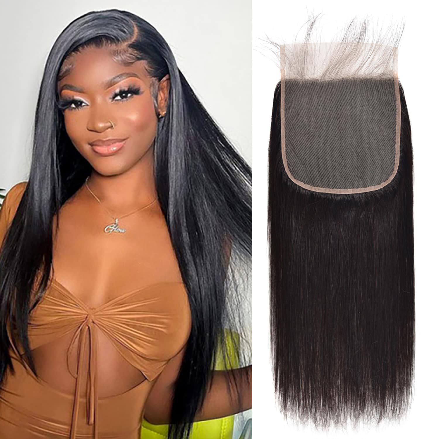 6x6 Closure Human Hair Closure Straight Pre Plucked Swiss Lace 6x6 Transparent Lace Closure With Baby Hair Bleached Knots Brazilian Closure 100% Unprocessed Natural Color Free Part 16 Inch — image 1