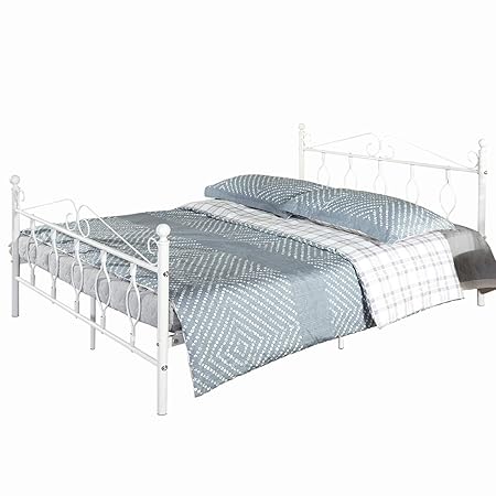 Aingoo Doppelbett Metallbett mit Lattenrost Bettrahmen Kopfteil Gästebett Jugendbett Ehebetten Double Bed Weiß