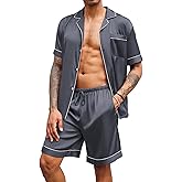 Ekouaer Mens Satin Pajamas Set Button-Down Short Sleeve Shirt Top Soft Silk Sleepwear Shorts with Pockets