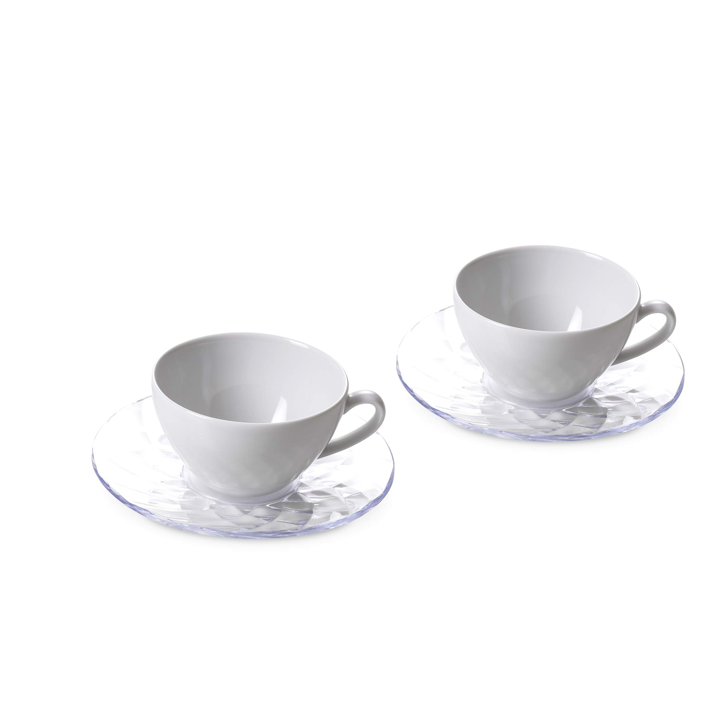 Omada Design 2 Porcelain teacups and Practical Colored Plates, in Acrylic with a Diamond Effect, Diamond Collection, Clear