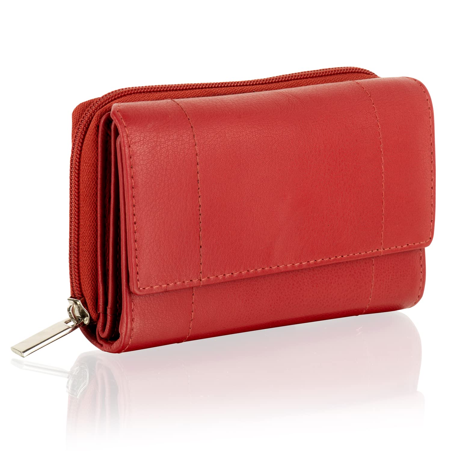 Woodland Leathers Purses for Women, Real Leather RFID Protection Small Purse Wallet with Card and Zip Coin Pockets (Red)