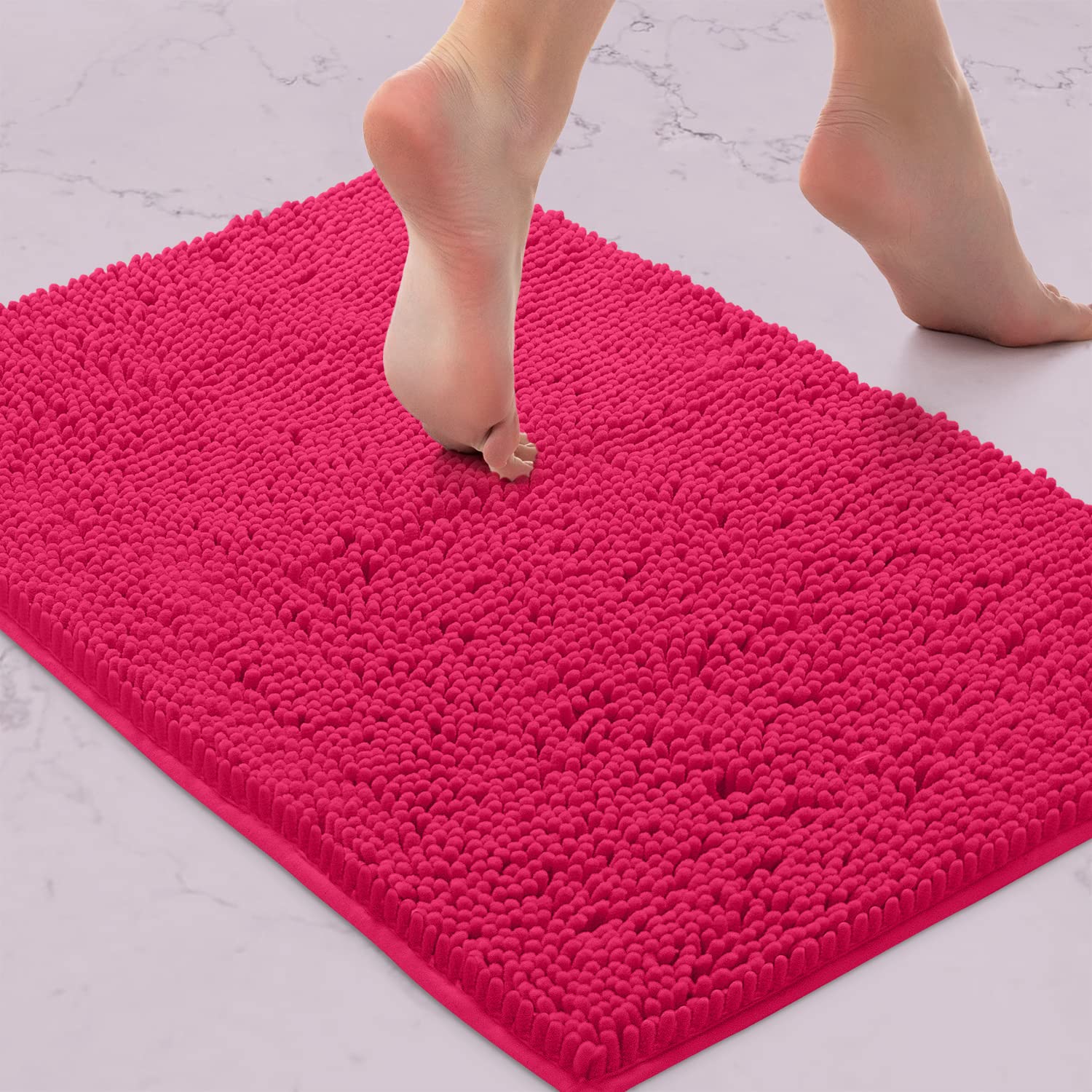 LuxUrux Bath Mat Extra-Soft Plush Bath Shower Bathroom Rug, 1'' Chenille Microfiber Material, Super Absorbent Shaggy Bath Rug (Hot Pink, 42 x 60 cm) — image 1