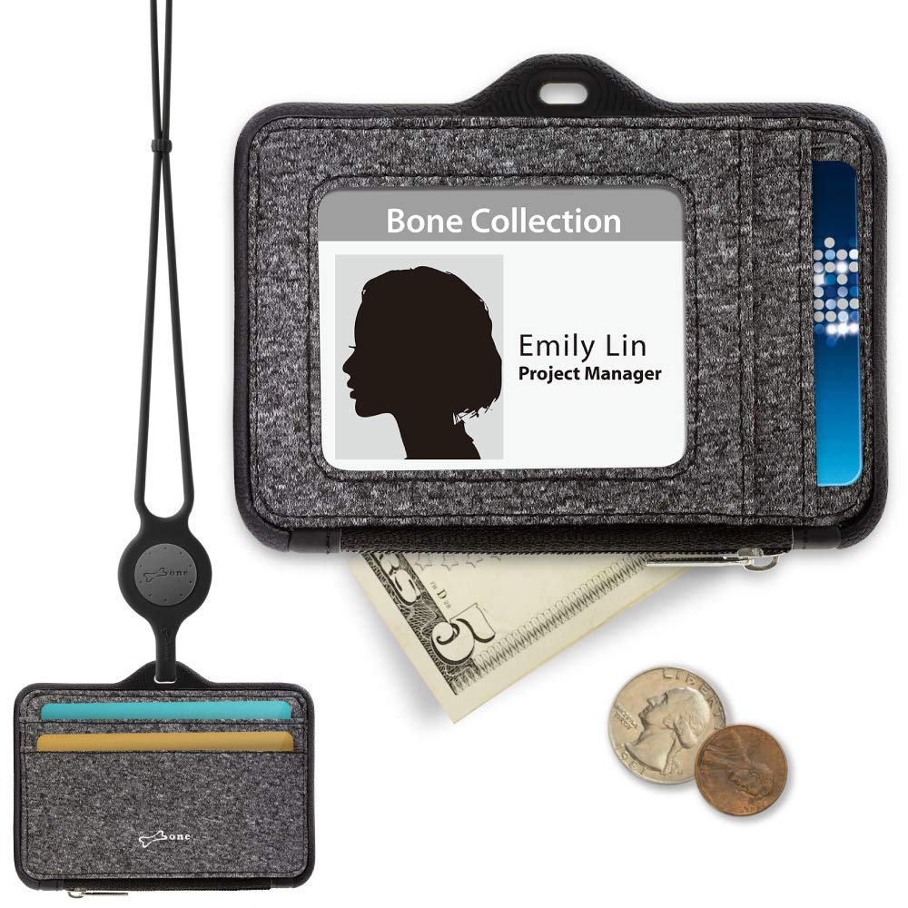 BONE Lanyard Wallet, ID Badge Holder with Zip, Premium Leather Badge Holder Wallet Case with ID Window, Credit Card Slots, Zipper Pocket and Silicone Neck Lanyard (Black)