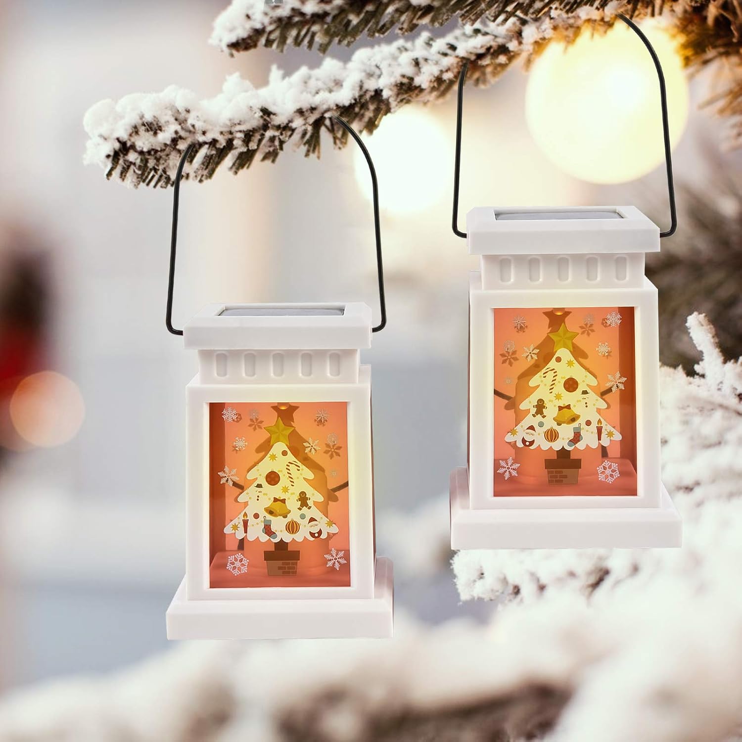Christmas Solar Candle Lanterns - 2 Pack Solar Lights Outdoor Hanging, Table Decorative Lamps with Tree Patterns for Christmas Home, Porch, Party, Patio Lawn or Garden Decor.