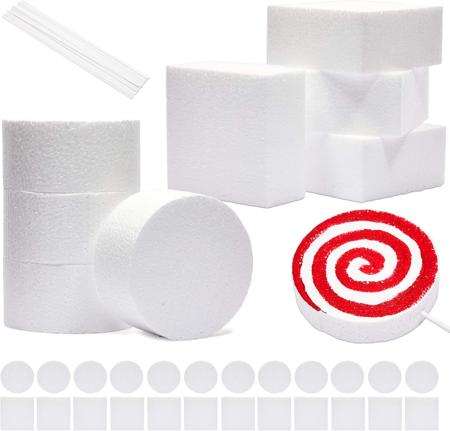 12 Square Craft Foam Blocks and 12 Circles with 24 Plastic Dowels (10.2
