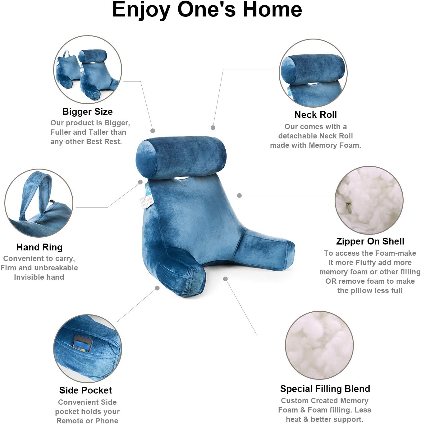 ZOEMO Bed Rest Reading Pillow - Bedrest Pillows with Arm Rests and Neck Roll for Reading Watching TV in Bed, Floor or Sofa - Big Bedrest Pillow with Neck Roll Pillow (27" Tall, Brown): Home & Kitchen