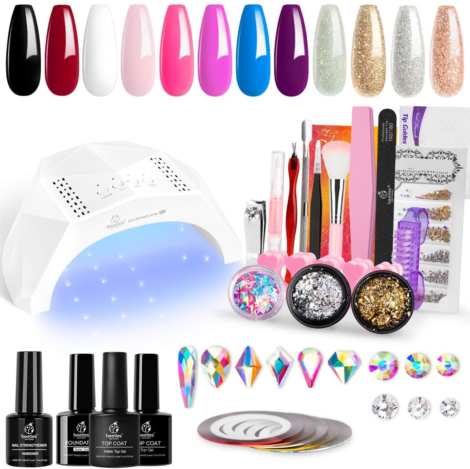 Beetles 12 Colors Gel Nail Polish Starter Kit with U V Light 48W LED Nail Lamp Gel Base Top Coat Cure White Pink Red Gel Polish Glitter Powder Nail Art Rhinestone Gems Manicure Gift for Women