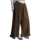 Omoone Womens Corduroy Pants Wide Leg Ruffled Hem Elastic Waist Lounge Cord Pants with Pockets
