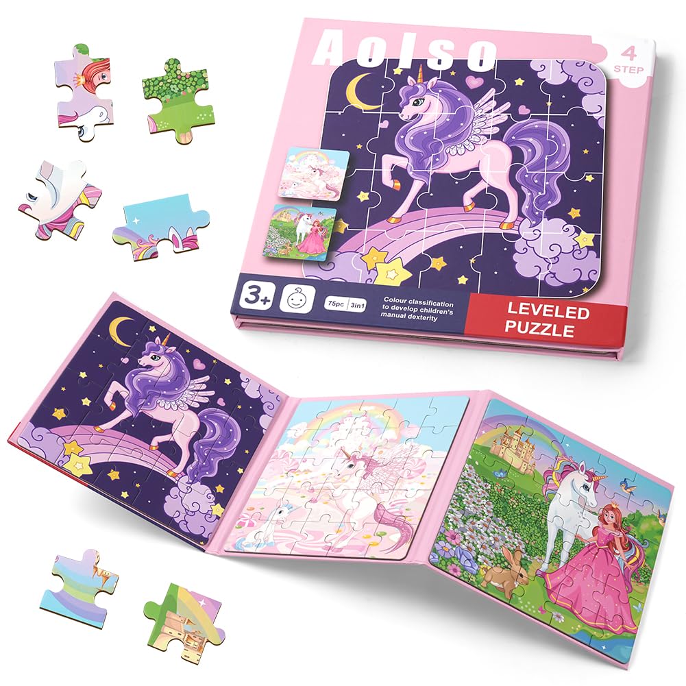 Aolso Magnetic Puzzles for Kids Ages 3-5, Jigsaw Puzzles Book for Toddlers, Toddler Travel Toys, Educational Toys, Best Birthday Gift for Boy Girls-Unicorn