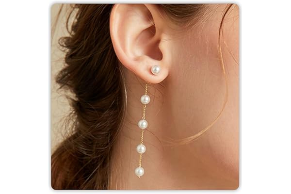 Trinckle Pearl Earrings for Women, 14k Gold Pearl Drop Dangle Earrings White Adjustable Dainty Boho Pearl Tassel Earrings Statement Wedding Bridal Earrings as Girls Party Birthday Gifts Summer Jewelry