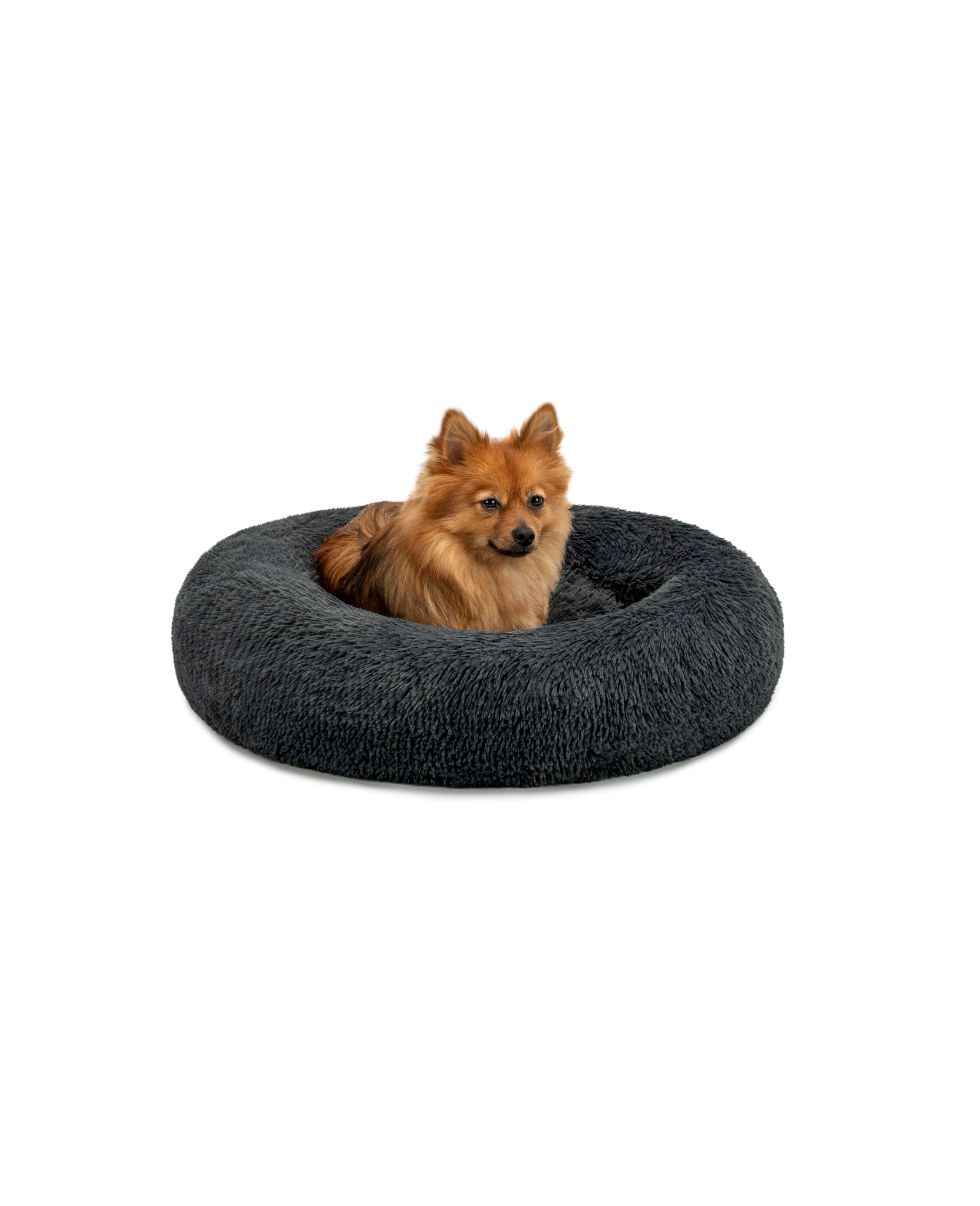 lionto Donut bed for dogs and cats, fluffy round dog bed for small and large pets, Ø 60 cm, soft cat bed made of cuddly plush, dog cushion with extra thick filling, dark grey