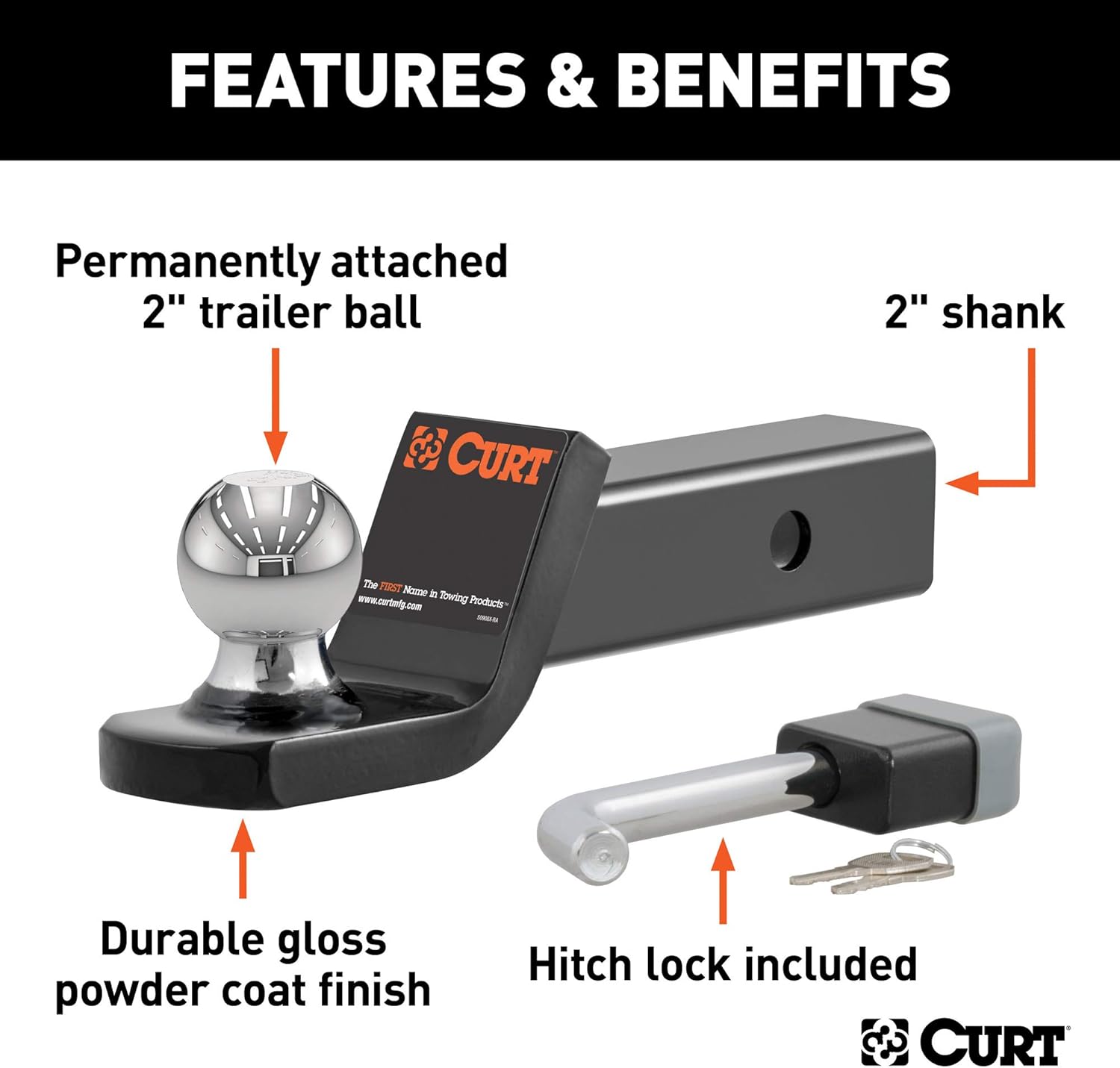 CURT 45141 Trailer Hitch Mount, 2-Inch Ball, Lock, Fits 2-In Receiver, 7,500 lbs, 2" Drop: Automotive