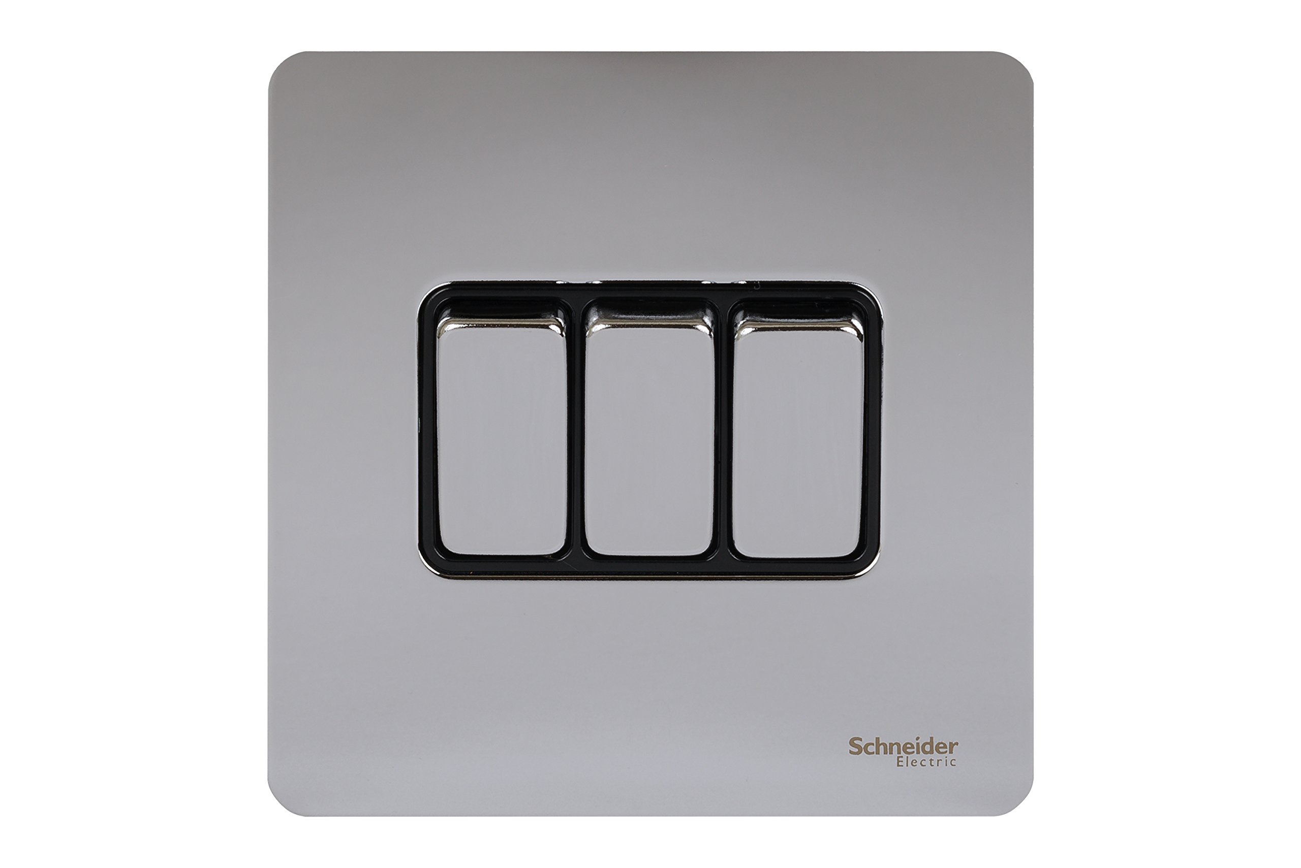 Schneider Electric Ultimate Screwless Flat Plate - 3 Gang Rocker 2 Way Light Switch, Single Pole, 16AX, GU1432BPC, Polished Chrome with Black Insert — image 1