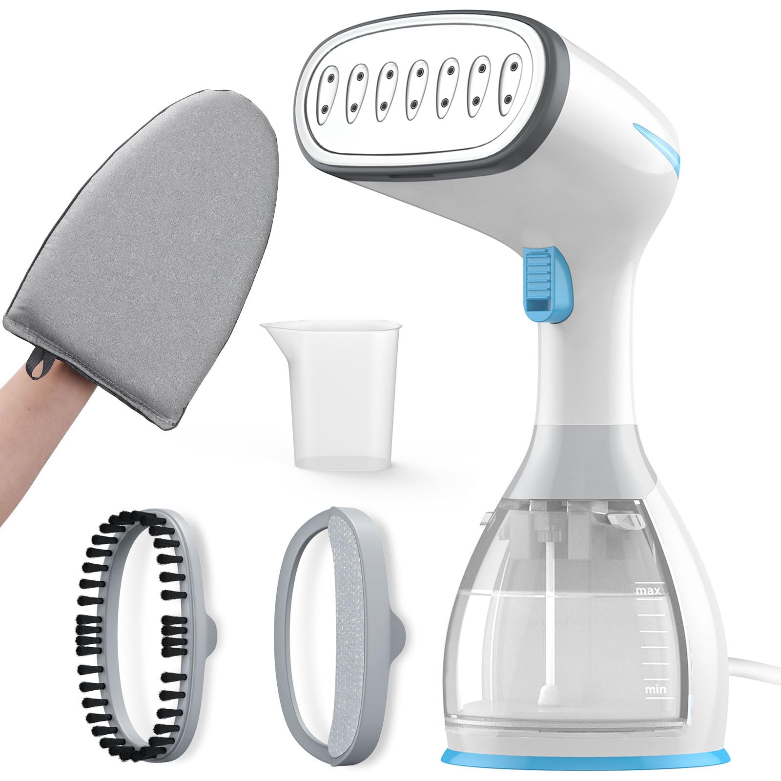 Steamer for Clothes Handheld, 15s Fast Heat-up, 9.5 Oz Big Water Tank, Handheld Garment Fabric Wrinkles Remover for Wet and Dry Ironing, Steam Iron with 2 Brush (White)
