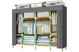 YOUUD Portable Closet 79 Inches Portable Wardrobe Closet for Hanging Clothes with 4 Handing Rods 25mm Colored Iron Tube and Grey Cover, Clothes Storage Organizer Extra Sturdy, Strong and Durable