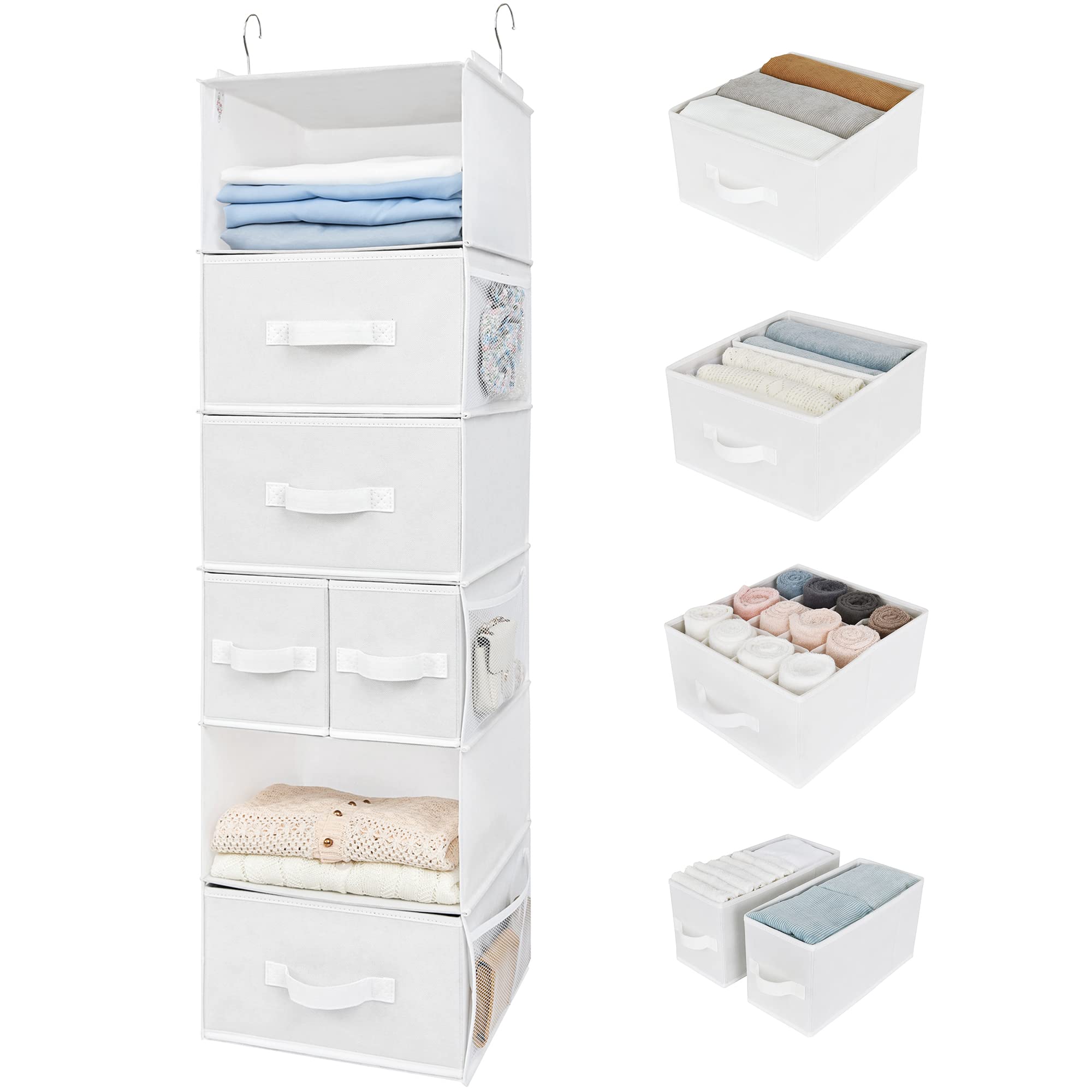 Photo 1 of GRANNY SAYS Hanging Closet Organizer and Storage, 6 Shelf Clothes Organization with Drawers, 6 Side Pockets Closet Hanging Shelves for Bras, Socks, Underwear, Nursery Room, Wardrobe, White, 1-Pack