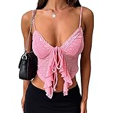 Women's Sexy Lace Up Padded Camisoles Spaghetti Straps V-Neck Ruffle Crop Tops Y2K Cami Shirt Streetwear