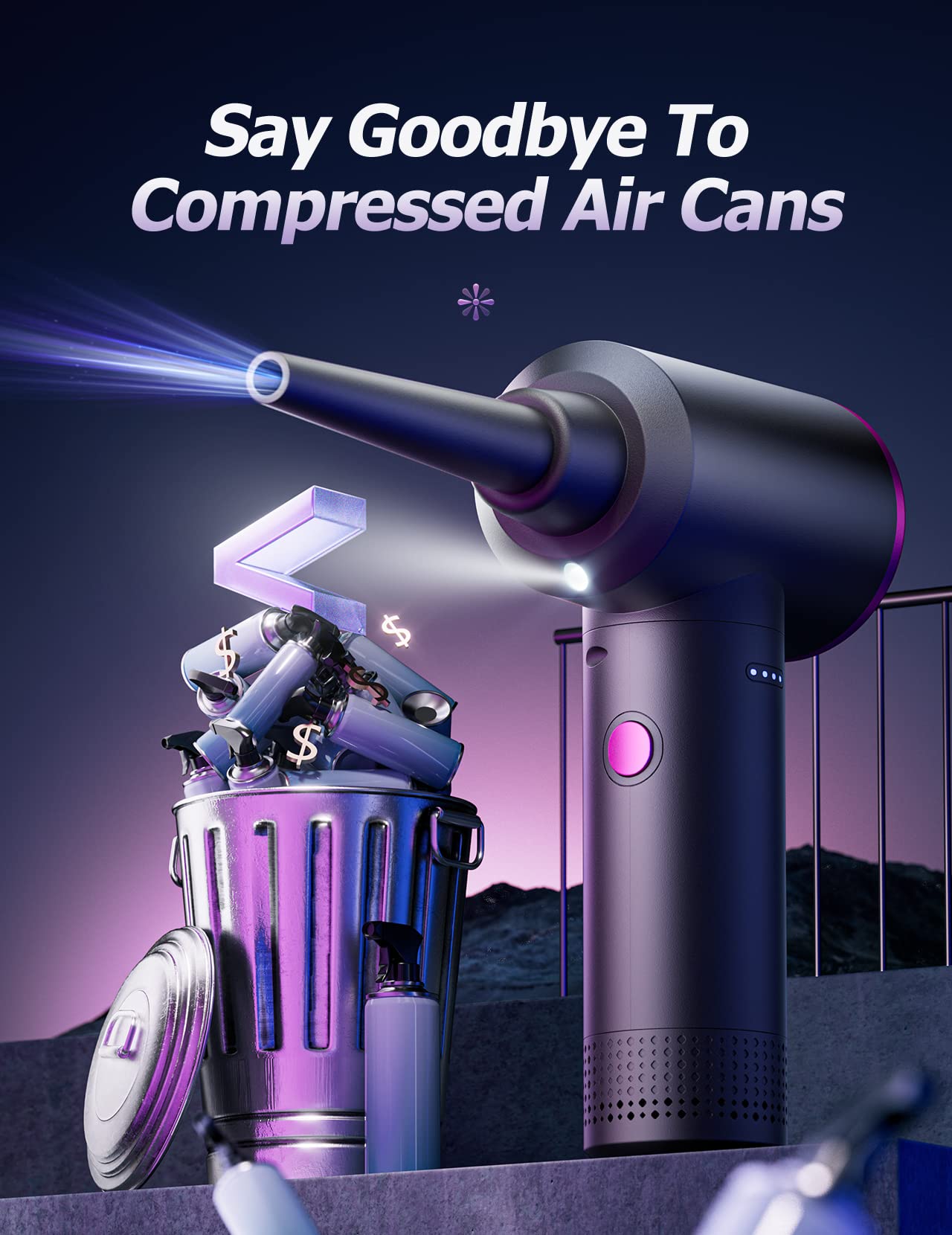 Evaline Compressed air Duster - 3 Gear Adjustable 100000RPM Electric with LED Light, Cordless Blower for Computer Keyboard Car Cleaning Kit 9000mAh Rechargeable Dust Remover, Black