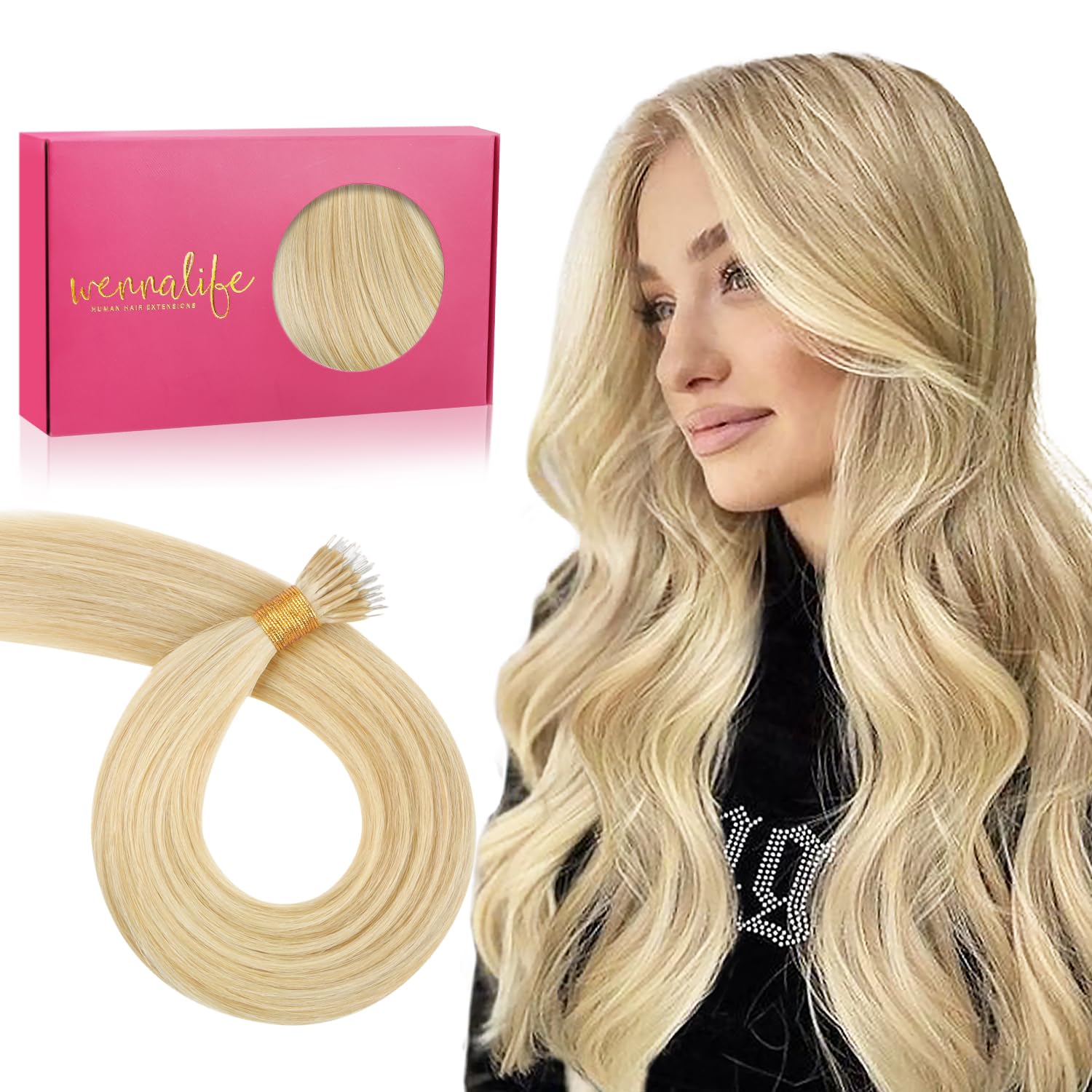 WENNALIFE Nano Hair Extensions Real Human Hair, 14 Inch 50g 100s Light Blonde Highlighted Golden Blonde Nano Beads Hair Extensions Invisible Nano Ring Real Hair Extensions for Women โ image 1