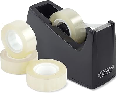 Rapesco 1619 300 Tape Dispenser with 25 mm Core Includes 4 Rolls Black